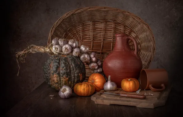 Table, knife, pumpkin, pitcher, still life, garlic, cutting Board