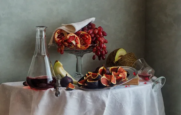 Wine, glass, grapes, fruit, still life, grenades, melon, decanter
