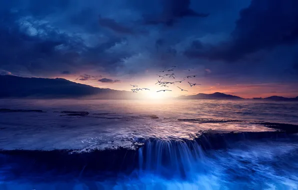 Sea, the sky, the sun, clouds, light, flight, landscape, sunset