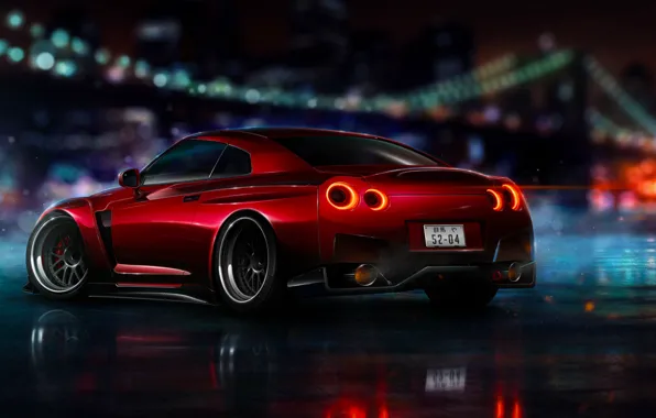 Picture Nissan, Red, GT-R, NFS, R35, 2015, Ligth, Nigth