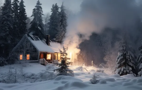 Winter, frost, forest, light, night, house, smoke, hut