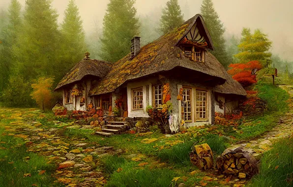 Roof, autumn, forest, grass, trees, comfort, stones, glade