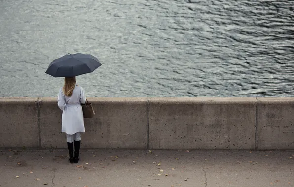 Girl, river, rain, woman, umbrella, autumn, coat, cold