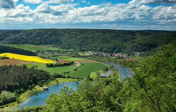Picture clouds, river, field, Germany, Bayern, panorama, forest, Riedenburg