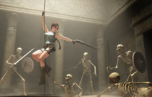 Sword, rope, skeleton, Tomb Raider, sword, shield, art, Lara Croft