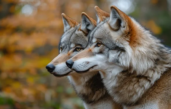 Autumn, look, face, nature, wolf, pair, wolves, grey