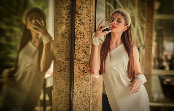 Picture girl, reflection, mesh, wine, glass, dress, gloves, brown hair