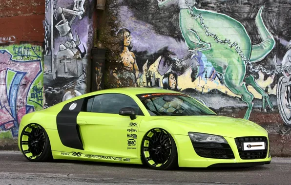 Green, wall, Audi, tuning, supercar, drives, front view, tuning