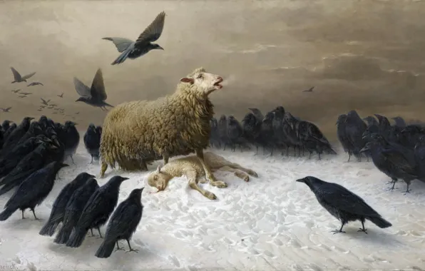 Picture death, crows, death, sheep, sheep, "Pain", August Friedrich Schenck