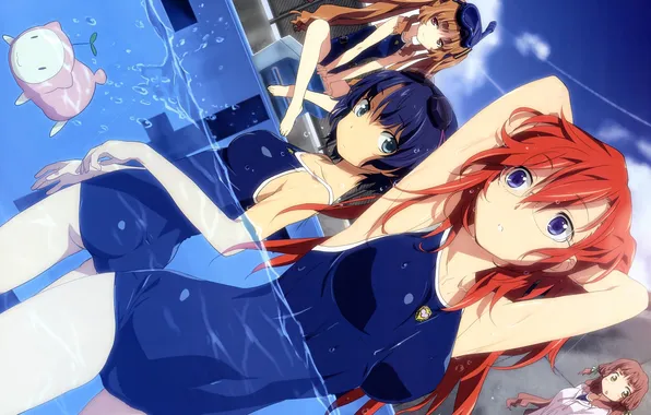 Picture the sky, water, clouds, smile, girls, anime, pool, art