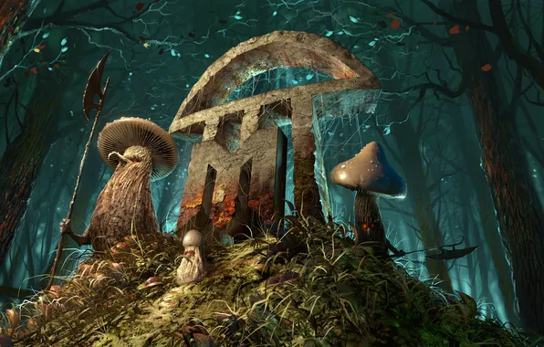 Picture forest, weapons, mushrooms, hill, art, guards