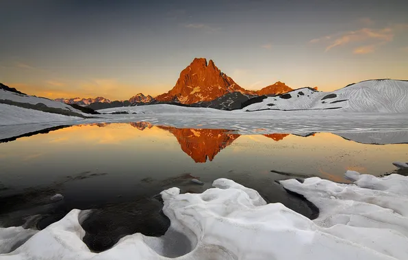 The sky, snow, sunset, mountains, lake