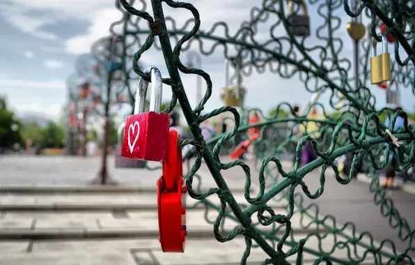 Red, pink, grille, heart, colorful, locks