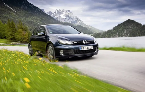 Picture road, grass, mountains, the way, speed, volkswagen, car Wallpaper, golf gtd