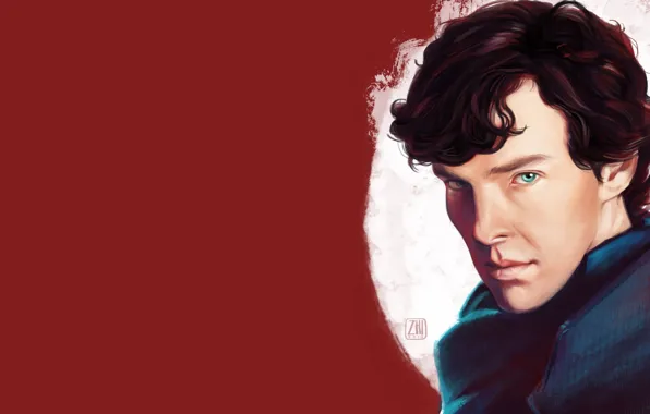 Portrait, art, Sherlock Holmes, red background, Benedict Cumberbatch, Benedict Cumberbatch, Sherlock, Sherlock