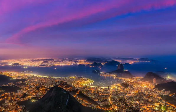 Sunset, lights, lights, ships, boats, Bay, Brazil, sunset