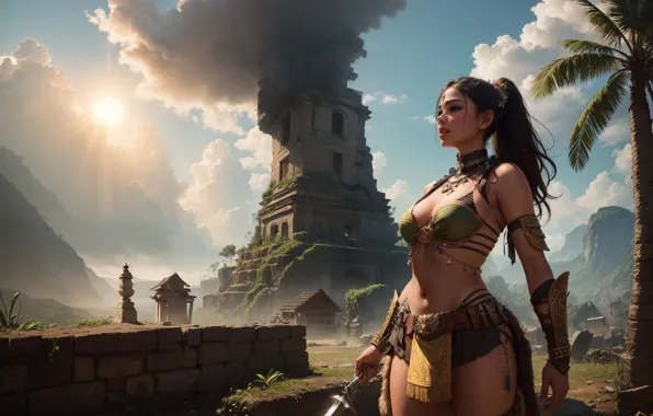 Chest, the sky, girl, clouds, Palma, rocks, the wind, smoke