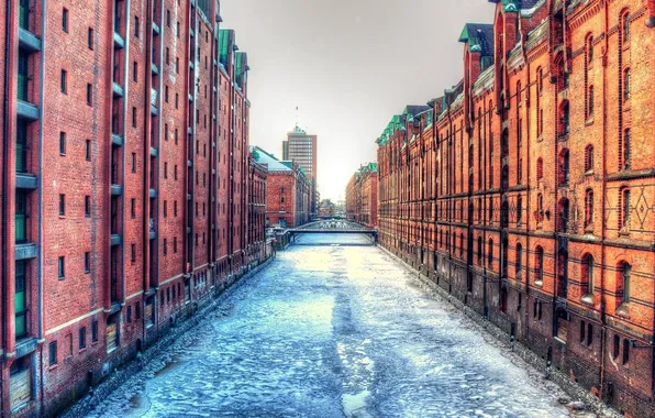 Ice, winter, river, street, building, home, channel, bridges