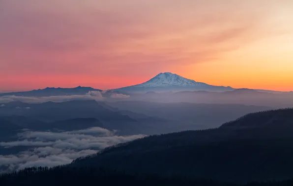 The sky, clouds, snow, mountains, fog, dawn, the slopes, tops