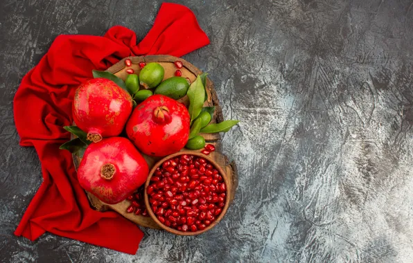Fabric, bowl, fruit, grenades, pomegranate grains
