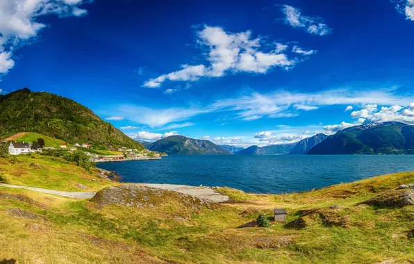 The sky, the sun, clouds, trees, mountains, shore, Bay, house