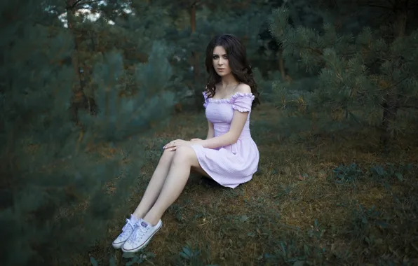 Grass, trees, sneakers, makeup, figure, dress, brunette, hairstyle