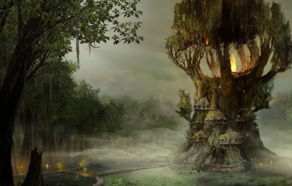 Forest, trees, house, art, hut, green background, beautiful Wallpaper, elven forest