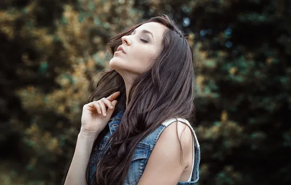 Trees, pose, background, model, hand, portrait, makeup, brunette