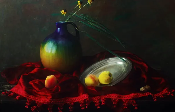 Flowers, pitcher, still life, apricots, vvza