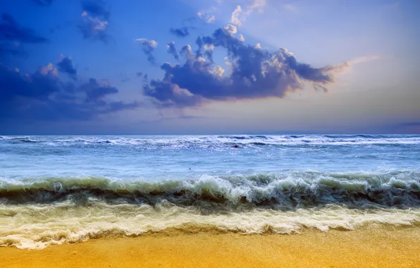 Picture sand, sea, wave, the sky, clouds, storm, shore