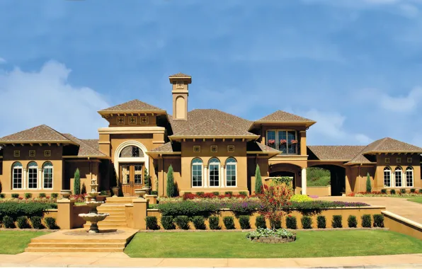 Flowers, style, Villa, fountain, architecture, beds, villa, landscape design