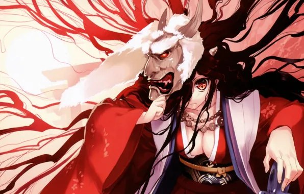 The demon, mask, horns, kimono, red eyes, the witch, art, ueda ryou