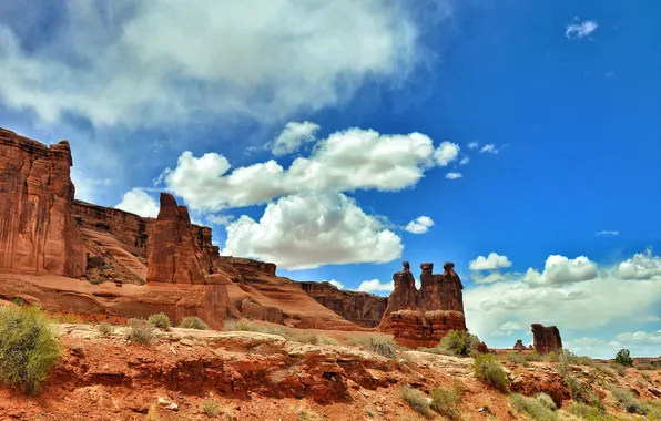 Picture the sky, clouds, mountains, stones, rocks, USA, the bushes, Arches National Park