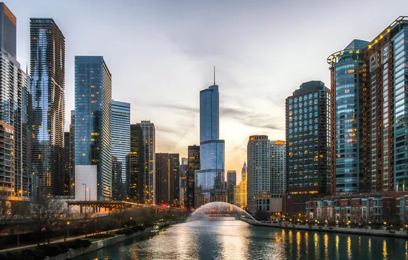 The evening, River, Chicago, Skyscrapers, Building, America, Il, Chicago