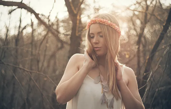 Girl, forest, blouse, eyes, bokeh, lips, hair, sunlight