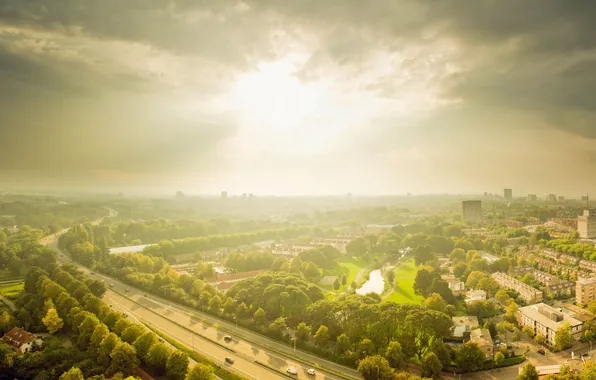 Road, the sky, the sun, trees, clouds, the city, building, home