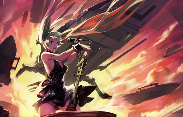Girl, the explosion, dress, microphone, vocaloid, anime, art, miku