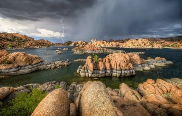 The storm, clouds, lake, stones, lightning, USA, Arizona, Prescott