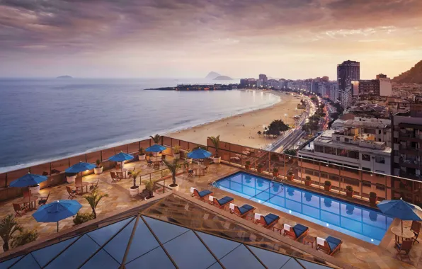 Sea, beach, umbrella, Avenue, the evening, pool, chaise, pool
