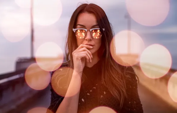 Picture girl, pose, glare, portrait, makeup, glasses, hairstyle, brown hair