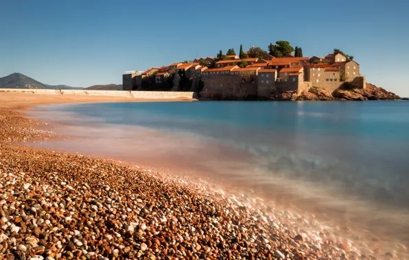 Sea, pebbles, shore, building, home, resort, settlement, Montenegro