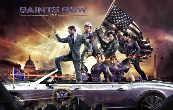 Picture weapons, flag, car, characters, Washington, Deep Silver, Saints Row 4