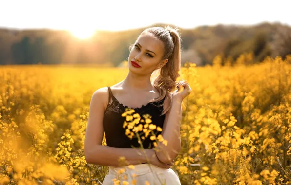 Field, look, the sun, flowers, model, portrait, makeup, Mike