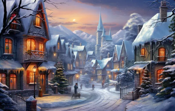 Winter, snow, the city, house, building, home, Christmas, New year