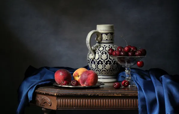 Pitcher, fruit, peaches, cherry