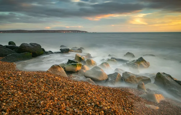 Sea, the sky, clouds, fog, pebbles, stones, shore, dal