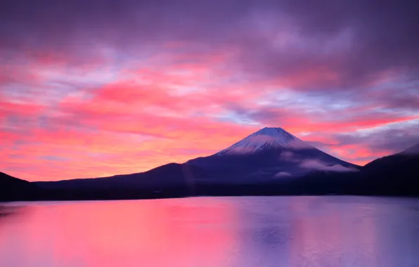 The sky, clouds, landscape, sunset, mountains, hills, shore, mountain