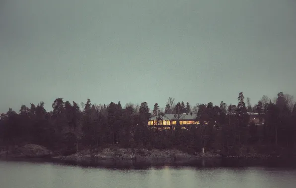 Picture sea, trees, landscape, night, lights, island, home, Sweden
