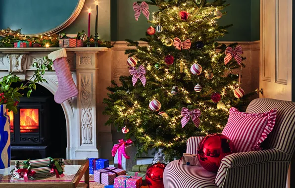 Decoration, lights, heat, room, tree, chair, candles, Christmas
