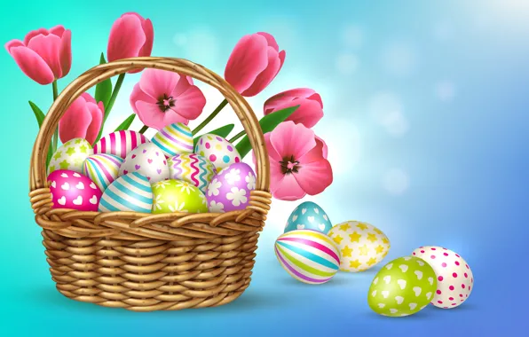 Flowers, background, basket, eggs, vector, Easter, tulips, eggs